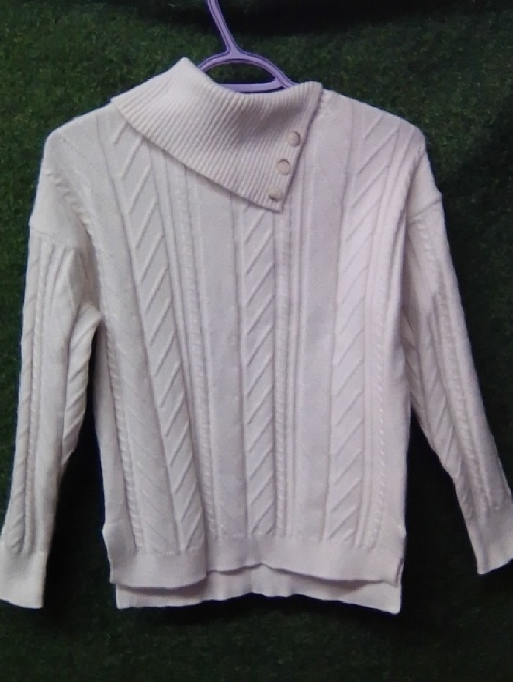 Suzy Shier Cream Cable Knit Button Mock-Neck Sweater